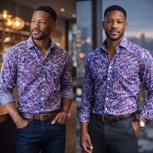 Cremieux Premium Denim Paisley Button Down Shirt L Stretch Cotton NWT